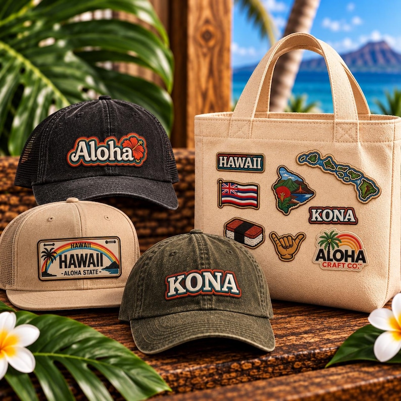 May include: A black baseball cap with an Aloha patch, a tan baseball cap with a Hawaii rainbow patch, an olive green baseball cap with a Kona patch, and a beige canvas tote bag featuring various Hawaii-themed patches including a flag and map.