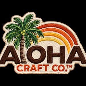 May include: An embroidered patch featuring a green palm tree with coconuts, a multi-colored orange and yellow rainbow arch, and the brown text "ALOHA" above the orange text "CRAFT CO." with a trademark symbol, all on a cream-colored background.