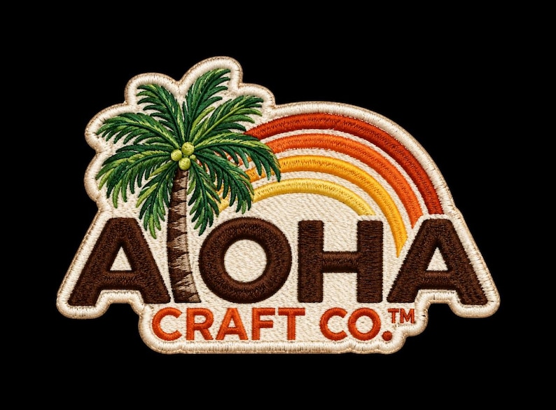 May include: An embroidered patch featuring a green palm tree with coconuts, a multi-colored orange and yellow rainbow arch, and the brown text "ALOHA" above the orange text "CRAFT CO." with a trademark symbol, all on a cream-colored background.