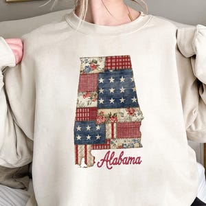 Maglietta dello Stato dell'Alabama / Maglietta patriottica con finta trapuntatura patchwork – Maglietta orgogliosamente USA per le donne dell'Alabama