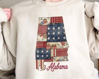 Alabama State Shirt | Patriotic Faux Patchwork Quilt Tee – Proud USA T-Shirt for Alabama Women