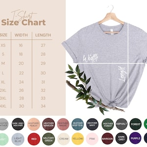 May include: A heather grey t-shirt on a wooden hanger with a size chart displaying widths and lengths in inches from XS to 4XL. Below the shirt is a color palette featuring twenty-four circular swatches with labels including white, orange, mint, light blue, red, military green, cream, yellow, pink, maroon, dark grey, purple, navy, black, and various heather tones.