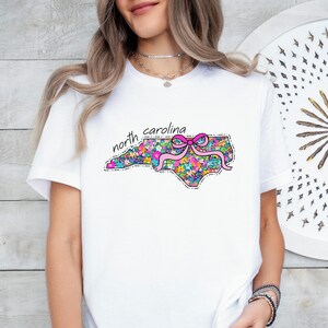 North Carolina Shirt, Floral State Map Tee, Colorful Wildflower Graphic T-Shirt for NC Women image 2