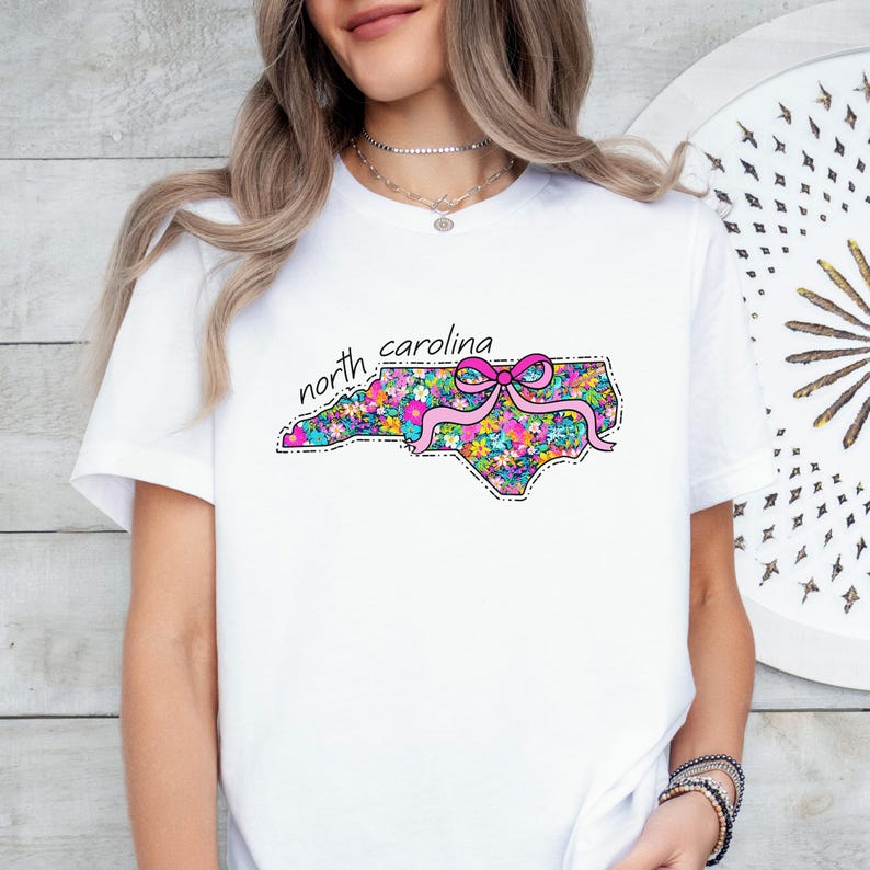 North Carolina Shirt, Floral State Map Tee, Colorful Wildflower Graphic T-Shirt for NC Women image 2
