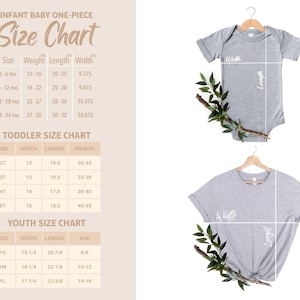 May include: A size chart for infant, toddler, and youth apparel featuring tables with weight, length, and width measurements in inches. Two grey short-sleeve garments are displayed on wooden hangers, each marked with white lines indicating width and length.