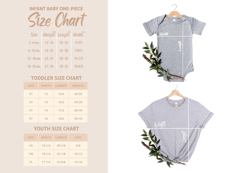 May include: A size chart for infant, toddler, and youth apparel featuring tables with weight, length, and width measurements in inches. Two grey short-sleeve garments are displayed on wooden hangers, each marked with white lines indicating width and length.