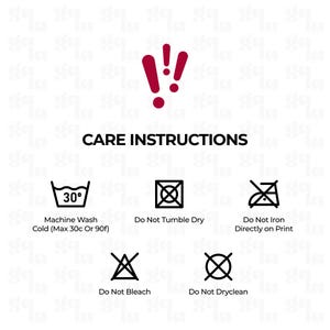 May include: A white graphic with dark red exclamation marks above the text CARE INSTRUCTIONS. Below are five black icons: a wash basin with 30 degrees, a crossed-out circle, a crossed-out iron, a crossed-out triangle, and a crossed-out circle.
