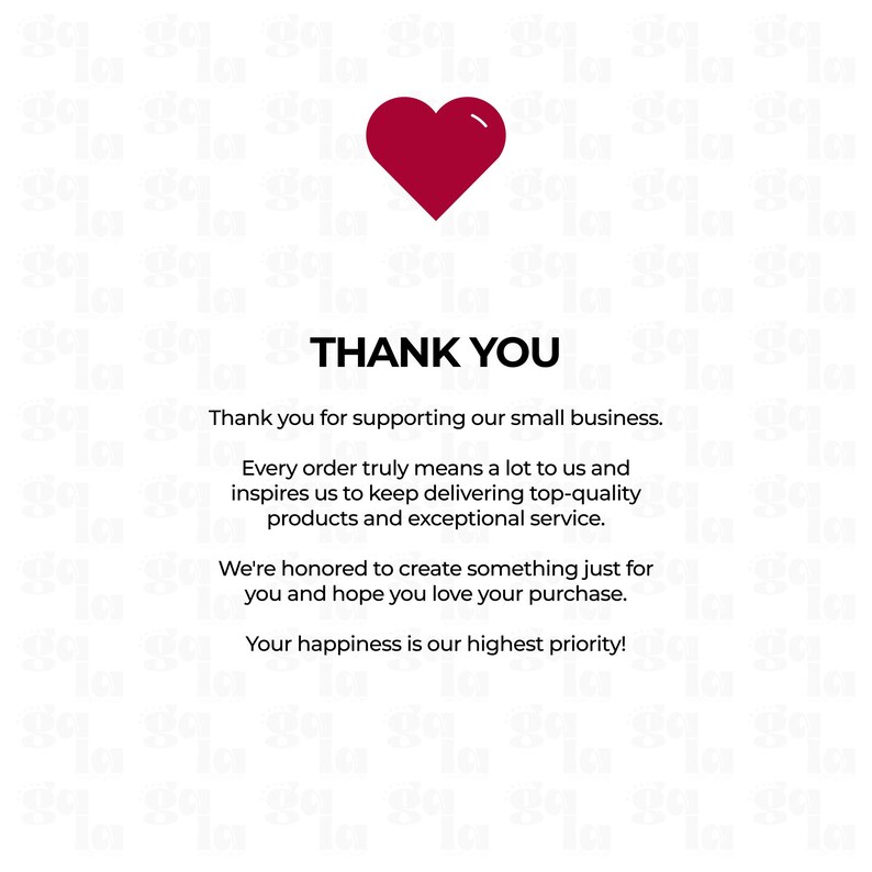 May include: A white thank you card featuring a dark red heart icon at the top. The text reads: THANK YOU, Thank you for supporting our small business. Every order truly means a lot to us and inspires us to keep delivering top-quality products.