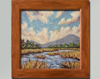 Marsh Landscape 4x4in: Original Textured Wall Art | Country Home Decor