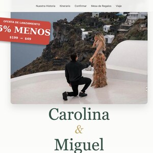 May include: A website interface showing a couple on a rooftop with a scenic backdrop. The woman wears a long, flowing dress. The man is kneeling. The text "Carolina & Miguel" is displayed below the image. A red banner reads "75% LESS".