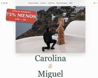 Página Web de Boda Latina Completa | RSVP, Padrinos, Mesa de Regalos, Planificador | Bilingüe | 24 Meses | Premium