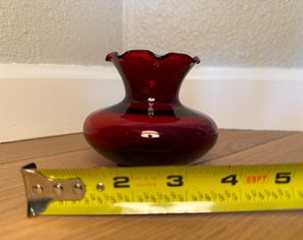 Ruby Red Glass Ruffled Bud Vase | Squat Bulbous Form | Vintage | 3” Tall