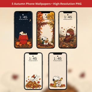 Snoopy Autumn Phone Wallpapers Bundle, 5 Cozy Fall Lockscreen Backgrounds iPhone Android