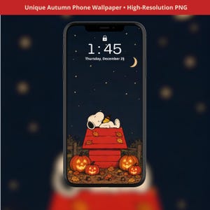May include: A smartphone displaying a digital wallpaper featuring Snoopy sleeping on a red doghouse under a night sky with a crescent moon and stars. The scene includes orange jack-o'-lanterns and fallen autumn leaves on the ground.