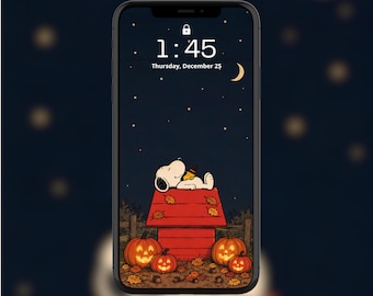 Beagle Halloween Phone Wallpaper Cozy Night, Cartoon Dog Pumpkin Lockscreen iPhone Android Gift