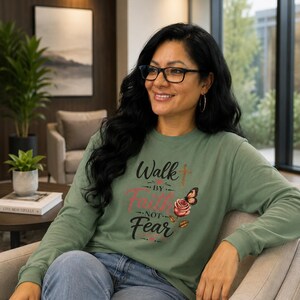 Walk By Faith Not Fear Long Sleeve Shirt, Unisex Christian Scripture Tee
