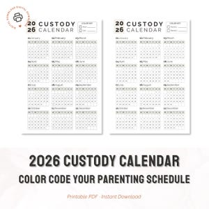 Può includere: Un calendario di affidamento 2026 in bianco e nero con una legenda colori per Mamma, Papà e Genitore 1 e 2. Il calendario è progettato per codificare a colori un programma di genitorialità. Il testo in basso recita "COLOR CODE YOUR PARENTING SCHEDULE."