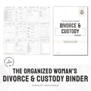 Könnte beinhalten: Ein weißer Ordner mit dem Titel "The Organized Woman's Divorce & Custody Binder" mit einem Schritt-für-Schritt-System zur Bewältigung von hochkonfliktreichen Scheidungen und Sorgerechtsstreitigkeiten. Enthält 22 PDF-Formulare zum Ausdrucken.