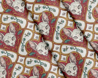 Stof met art nouveau-patroon van een sfinxkat, per meter, 100% polyester, 147 cm extra breed.
