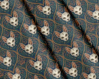 Stof met art nouveau-patroon van een sfinxkat, per meter, 100% polyester, 147 cm extra breed.