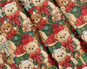 Stof met patroon van kerstbeertjes en cadeautjes, per meter, 100% polyester, 147 cm extra breed