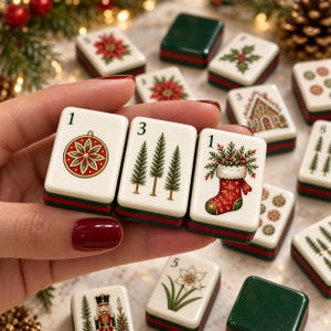 May include: A set of rectangular mahjong tiles featuring festive holiday illustrations including a Christmas ornament, three pine trees, and a stocking filled with greenery. Each tile has a white face with a green and red border design.