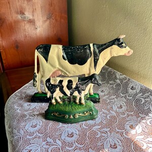 Vintage Wright Studios Cast Iron Holstein Cow Doorstop Set Hand Painted Farmhouse Decor Pair
