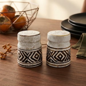 May include: Two cylindrical ceramic salt and pepper shakers featuring a speckled off-white glaze and a dark brown geometric diamond pattern around the base. Each shaker has a flat top with small holes for dispensing seasoning.