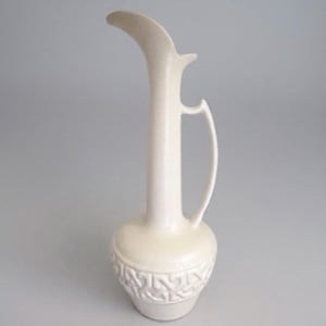 MCM Royal Haeger Pitcher Vase 18” Cotton White & Olive Green Grecian Ewer 4070