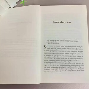 May include: An open book with the word "introduction" at the top of the right page. The text includes a quote by William Shakespeare and a discussion of self-perception and psychology.