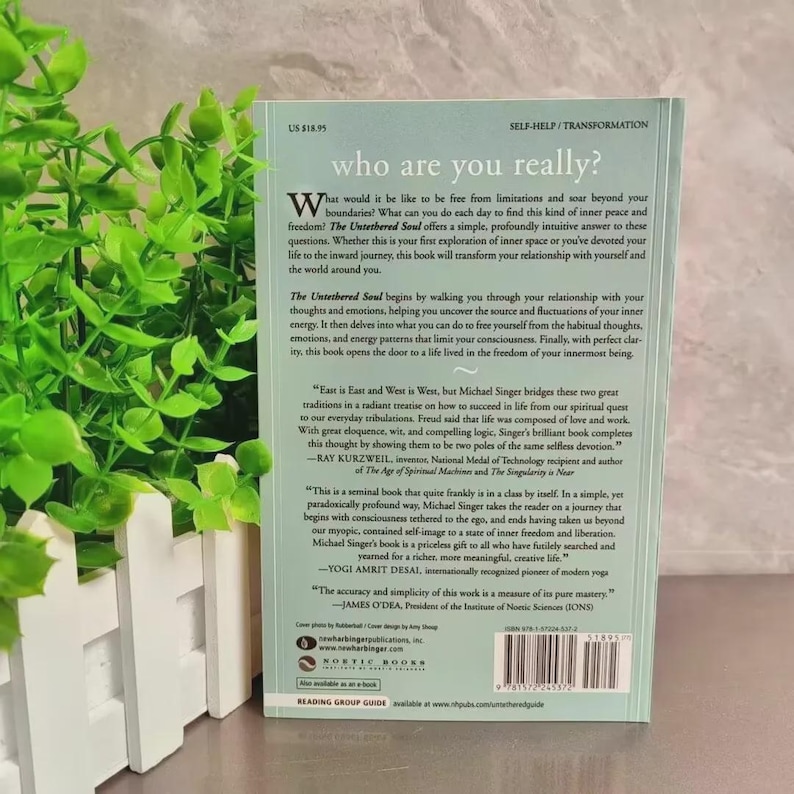 May include: A paperback book titled "The Untethered Soul" with a white and green cover. The book's back cover features text about self-help and transformation, with quotes and a price tag of $18.95.