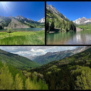 May include: A collage of three landscape photographs featuring mountains, lakes, and lush greenery. The top left image shows a lake with mountains in the background under a bright blue sky. The top right image shows a lake surrounded by mountains and trees. The bottom image shows a valley with trees.