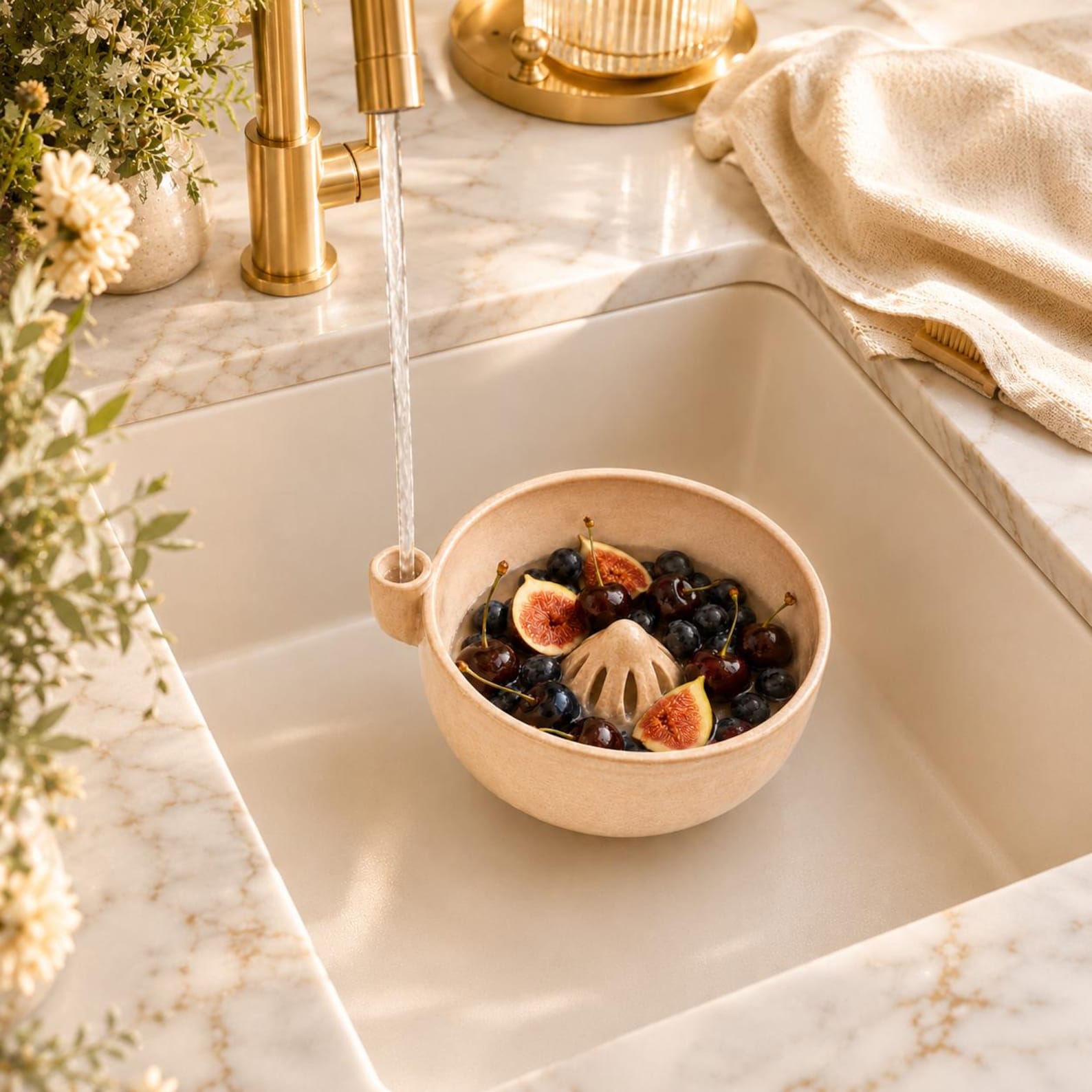 Handmade Ceramic Vortex Berry Washing Bowl, Fruit Rinse Bowl with Side Water Inlet, Cottagecore Kitchen Gift - Size 19cm, Blush Pink
