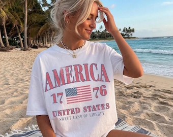 Comfort Colors America 1776 United States Sweet Land Of Liberty Flag Graphic T-Shirt Oversized Vintage Washed White Shirt Patriotic