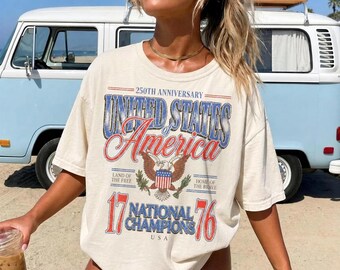 Comfort Colors 250th Anniversary United States Of America Eagle Graphic T-Shirt Oversized Vintage Washed Ivory Shirt Patriotic