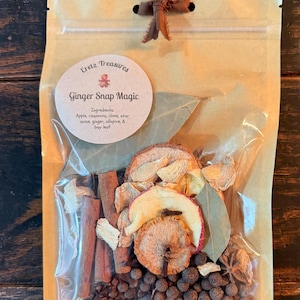 Op de afbeelding: Een beige zakje met een potpourrimix van gedroogde appelschijfjes, kaneelstokjes, hele kruidnagels, steranijs, gemberstukjes, pimentbessen en een laurierblad. Een rond etiket vermeldt Eretz Treasures Ginger Snap Magic met ingrediënten.