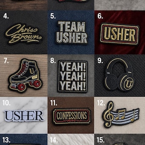 May include: A collection of fifteen embroidered patches featuring various designs including a crown, text reading Chris Brown, Breezy, Team Usher, Usher, Yeah! Yeah! Yeah!, Confessions, a roller skate, headphones, a musical treble clef, and a baseball cap.