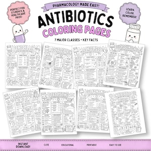May include: A set of black and white printable antibiotic coloring pages. The pages contain detailed illustrations and text about various antibiotic classes, such as Penicillin and Tetracyclines. The text includes "Pharmacology Made Easy!" and "Antibiotics Coloring Pages".
