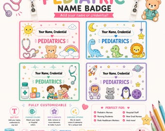 Badge Buddy a fumetti, prodotto digitale completamente personalizzabile, modello Pediatric Badge Buddy, inserto per badge infermieristico modificabile su Canva, download digitale