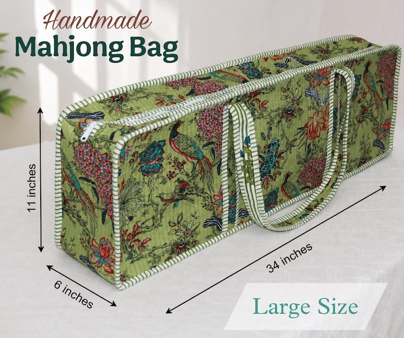May include: A rectangular green Mahjong bag with a floral and bird print, featuring white striped trim and handles. The bag measures 34 inches long, 11 inches high, and 6 inches deep. Text on the image reads Handmade Mahjong Bag and Large Size.