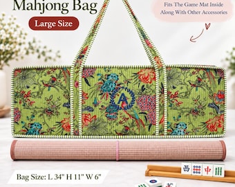 May include: A large rectangular handmade Mahjong bag featuring a green fabric with a colorful floral and bird pattern, a central blue embroidered letter A, and two long handles. The bag measures 34 inches long, 11 inches high, and 6 inches wide.