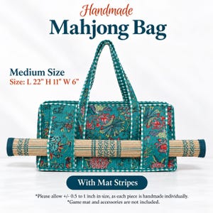 May include: A teal fabric bag with a floral pattern and white and teal gingham trim, featuring a horizontal slot holding a bamboo mat. The bag is labeled Medium Size with dimensions L 22 inches, H 11 inches, W 6 inches, and text reading Handmade Mahjong Bag.