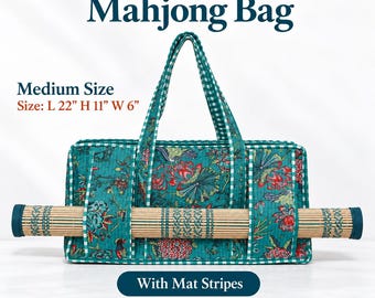 May include: A teal fabric bag with a floral pattern and white and teal gingham trim, featuring a horizontal slot holding a bamboo mat. The bag is labeled Medium Size with dimensions L 22 inches, H 11 inches, W 6 inches, and text reading Handmade Mahjong Bag.