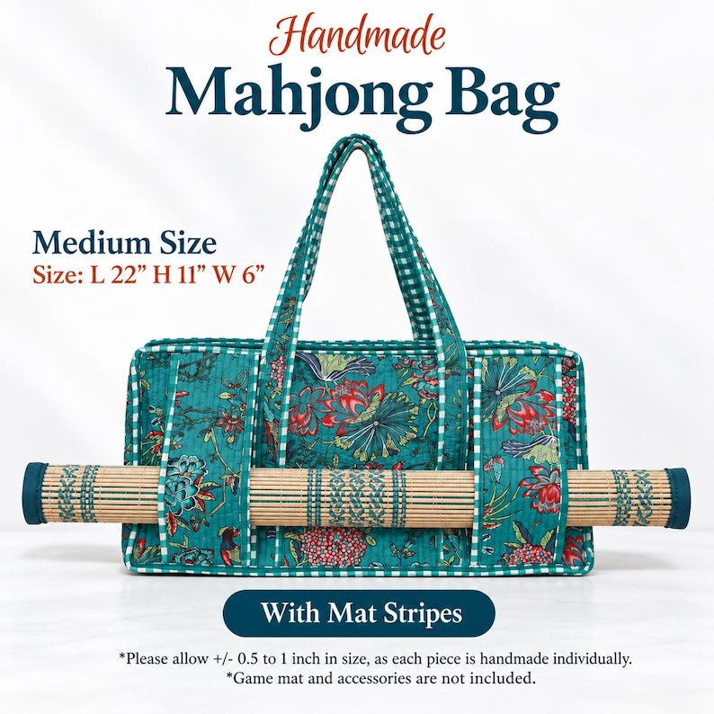 May include: A teal fabric bag with a floral pattern and white and teal gingham trim, featuring a horizontal slot holding a bamboo mat. The bag is labeled Medium Size with dimensions L 22 inches, H 11 inches, W 6 inches, and text reading Handmade Mahjong Bag.