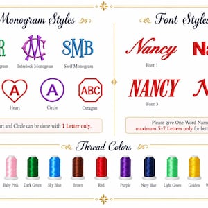 May include: A digital chart displaying embroidery options including Monogram Styles like Fishtail, Interlock, and Serif, Font Styles labeled 1-4, and a palette of thread colors including hot pink, orange, baby pink, green, blue, brown, red, purple, and black.