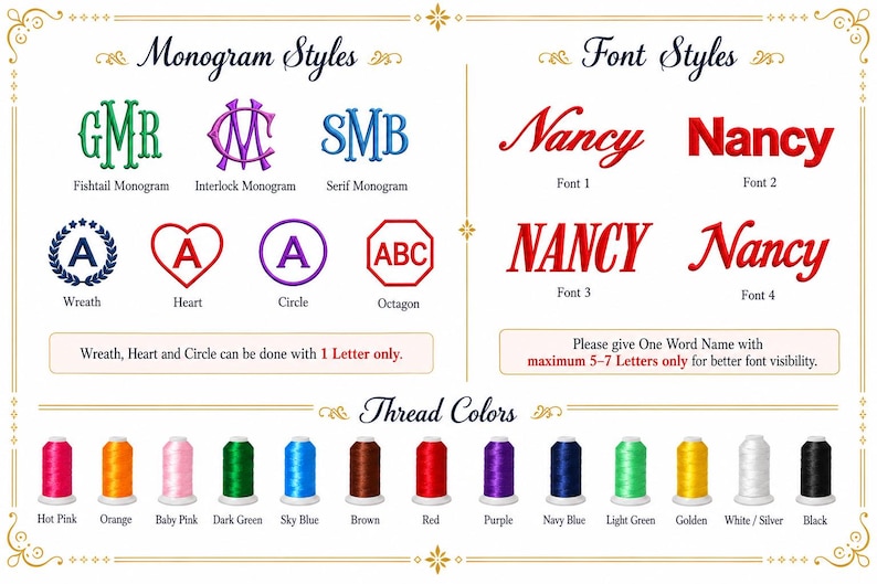 May include: A digital chart displaying embroidery options including Monogram Styles like Fishtail, Interlock, and Serif, Font Styles labeled 1-4, and a palette of thread colors including hot pink, orange, baby pink, green, blue, brown, red, purple, and black.