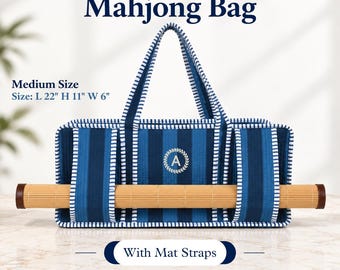 May include: A blue and white striped Mahjong bag with a central letter A emblem. The bag features two top handles and exterior straps for a game mat. Text reads: Handmade Mahjong Bag, Medium Size, Size: L 22" H 11" W 6", With Mat Straps.