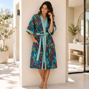 100% Cotton Kimono Robe | Jungle Leopard Floral Print, Handmade Spa Lounge Wear