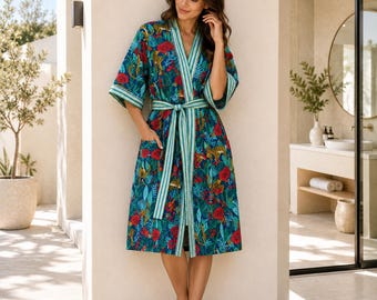 100% Cotton Kimono Robe | Jungle Leopard Floral Print, Handmade Spa Lounge Wear