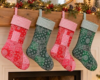 Handmade Quilted Christmas Stocking, Reusable Christmas Holiday Décor, Festive Mantel Decoration